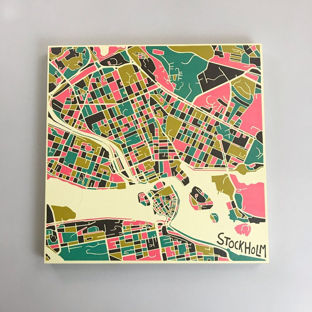 STOCKHOLM Aerial Street Map Canvas Print 16x16 Wall Decor City Art Pink Teal